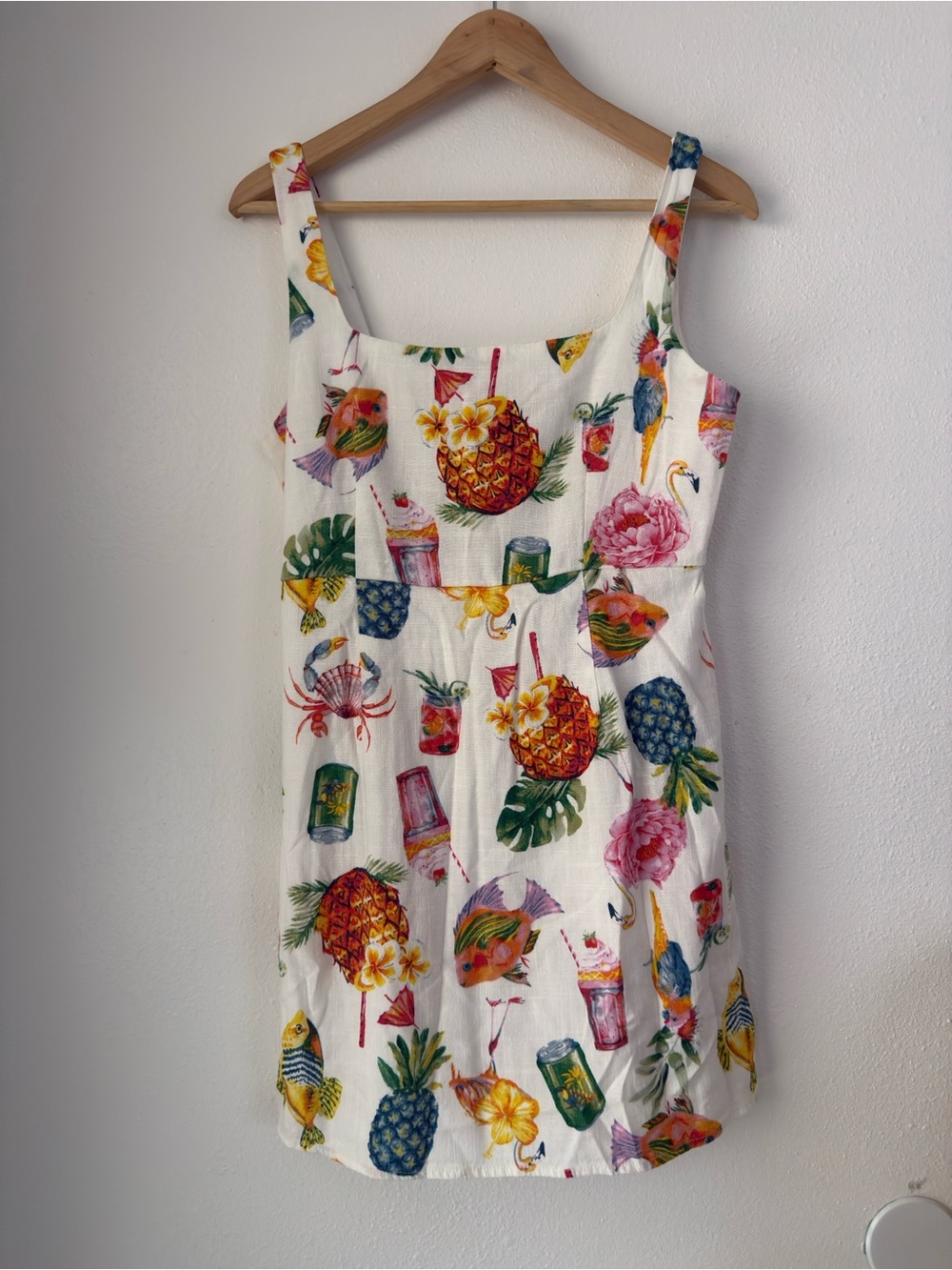 By The River Tropical Pineapple Flamingo Mini Dress White Rayon Linen Large